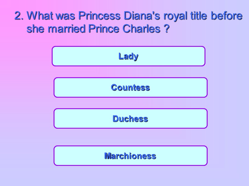 Countess Duchess Marchioness Lady 2. What was Princess Diana's royal title before  